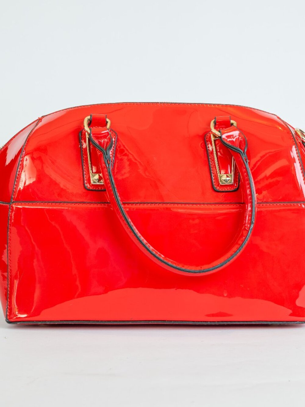 Y2K Cherry Red Patent Leather Bowler Satchel Handbag Glossy Retro Tote